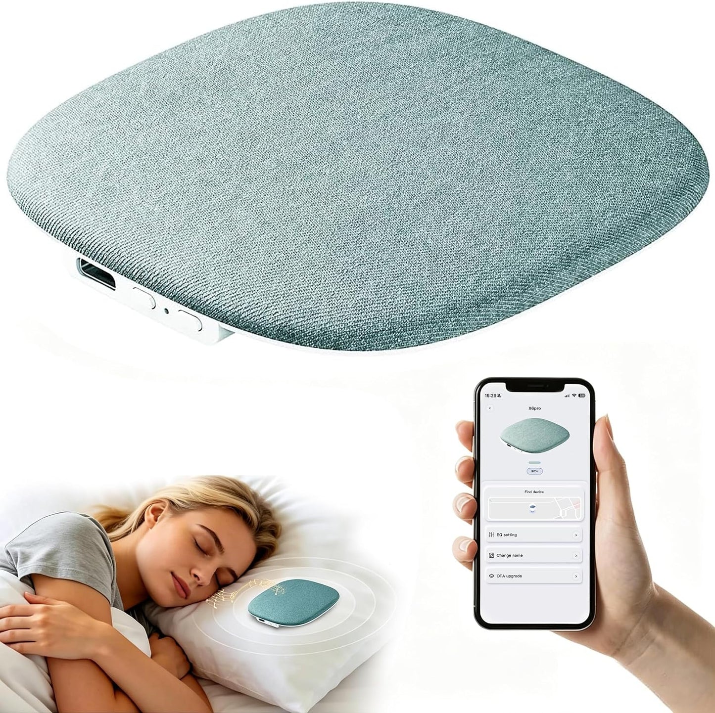 Under Pillow Sleep Speaker, Flat Bluetooth Pillow Speaker for Sleeping | Material: Plastic & woven fabric. Use: Bone conduction audio for bedtime relaxation, side sleepers, and masking noise.