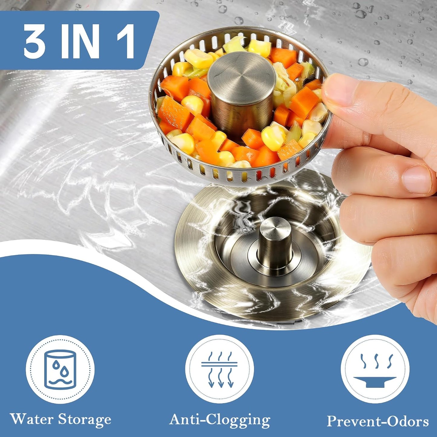 TGOSOMT Kitchen Sink Drain Strainer Stopper, Anti-Clog & Quick Drain | 3-IN-1 Design, Stainless Steel 304, Removable Strainer Basket, Corrosion & Scratch Resistant, Fits US Standard 3-1/2" Drain