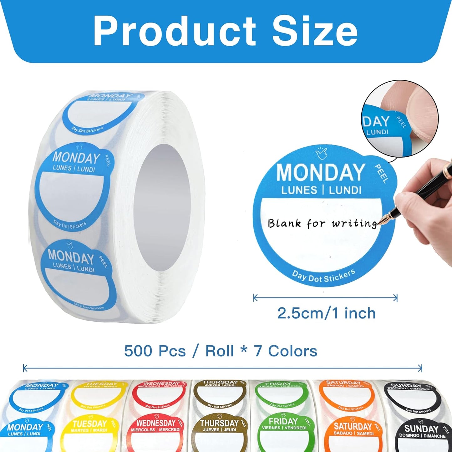 7000 Pcs 1 Inch Removable Day Dots Food Labels | 7 Rolls Date Stickers for Food, No-Residue Left, Day Labels for Restaurant Kitchen Containers, Self Adhesive Day Dot Sticker