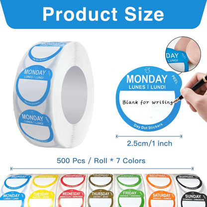 7000 Pcs 1 Inch Removable Day Dots Food Labels | 7 Rolls Date Stickers for Food, No-Residue Left, Day Labels for Restaurant Kitchen Containers, Self Adhesive Day Dot Sticker