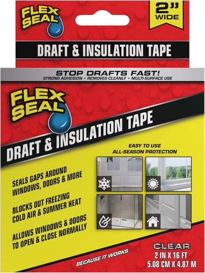 Flex Seal Draft and Insulation Sealing Tape, Flexible, Rubberized, Weatherproof Strip for Windows, Doors, Vents, Works on Wood, Glass, Tile, Metal, Plastic, Fiberglass, Clear, 2 in x 16 ft, Pack of 1