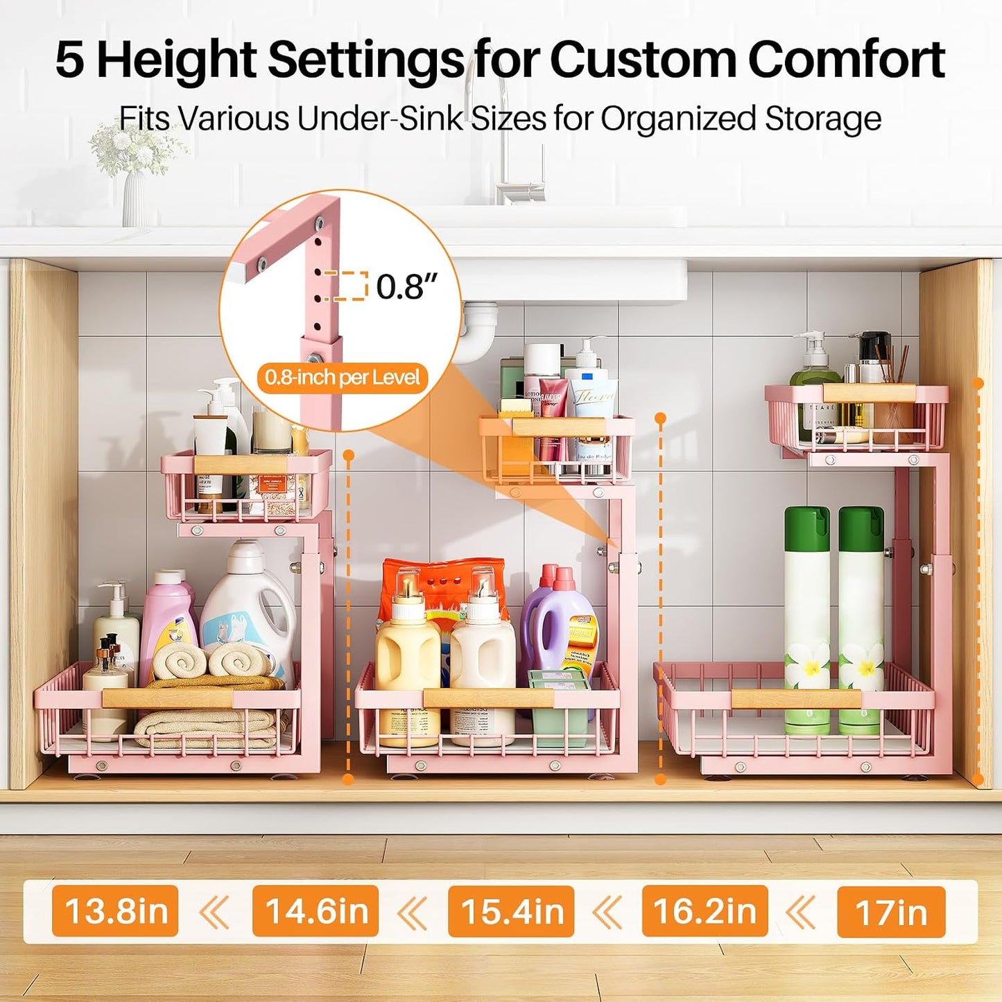PXRACK Under Sink Organizer, Adjustable Height, 2 Tier Pull Out Under Cabinet Organizer, Slide Out Thickened Metal Under Sink Storage for Kitchen Bathroom Laundry Pantry Cabinet, White, Large-2-Pack