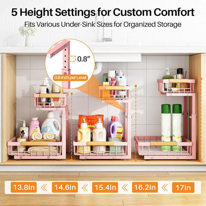 PXRACK Under Sink Organizer, Adjustable Height, 2 Tier Pull Out Under Cabinet Organizer, Slide Out Thickened Metal Under Sink Storage for Kitchen Bathroom Laundry Pantry Cabinet, White, Large-2-Pack