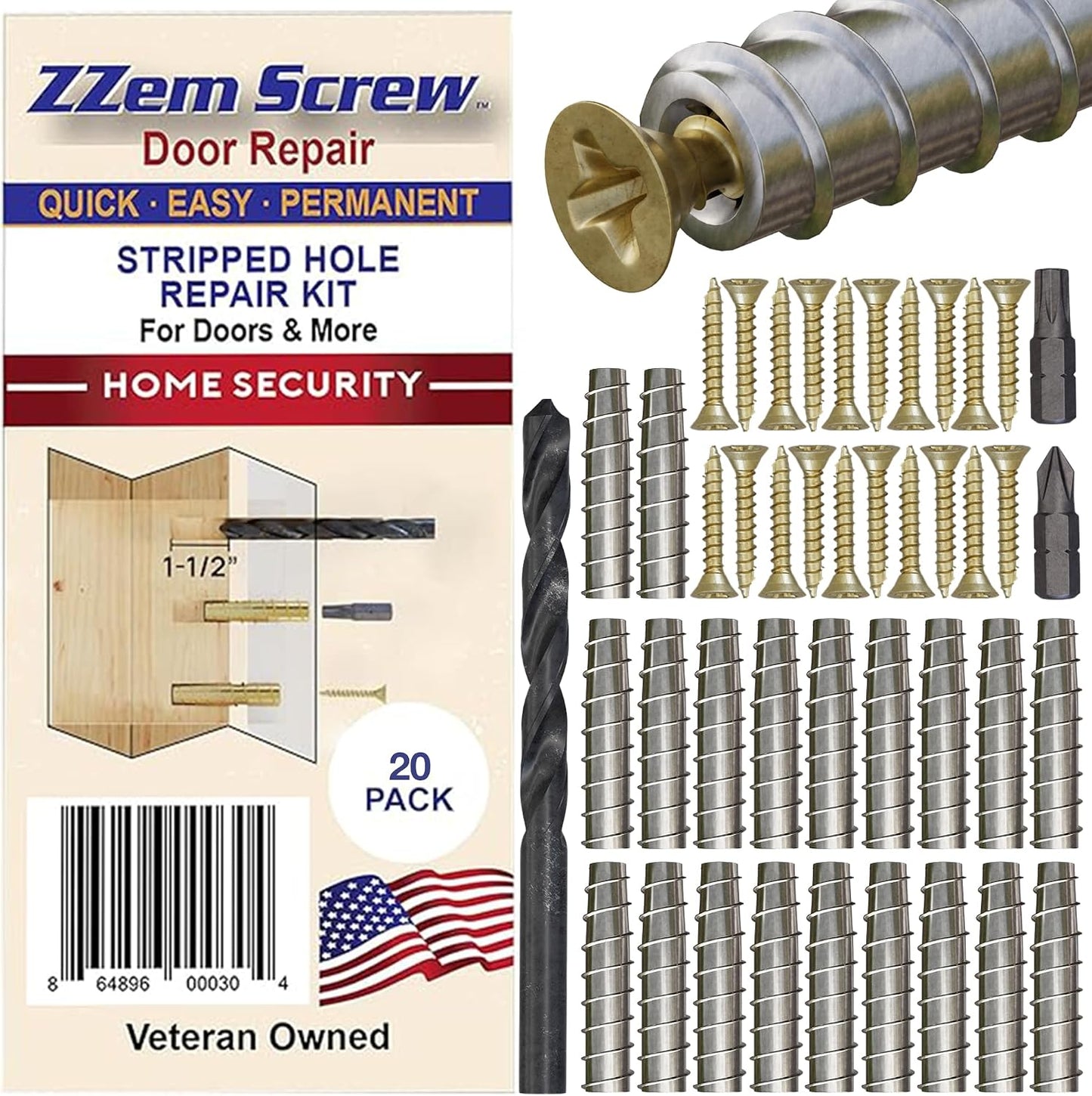12-Pack #9 x 1-1/2" Permanent Stripped Screw Hole Repair Kit | Repairs hinges, strike plates, deadbolts, gates and latches. Ideal for home repairs