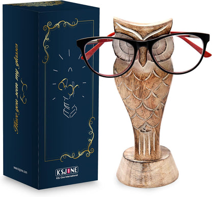 KSJONE Gift Packaged Unique Owl Spectacle Holder Wooden Eye glasses Stand Handmade Gift for Women and Men Home Office Gift for Teacher Him Her Mom Dad Desk Organizer for All Ages Unique Fathers Gift