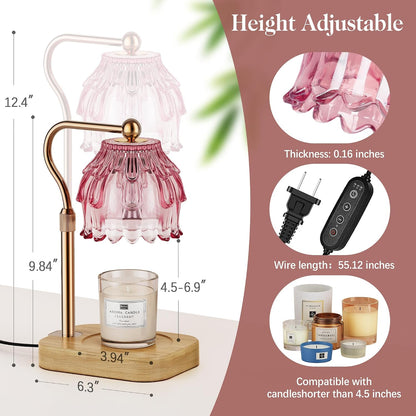 Candle Warmer Lamp with Timer Dimmer, Modern Wax Warmer for Scented Wax Jar Candle Warmer with 2 Bulbs, Adjustable Height Glass Lamp for Gifts for Women, Home Decor, Gold Amber