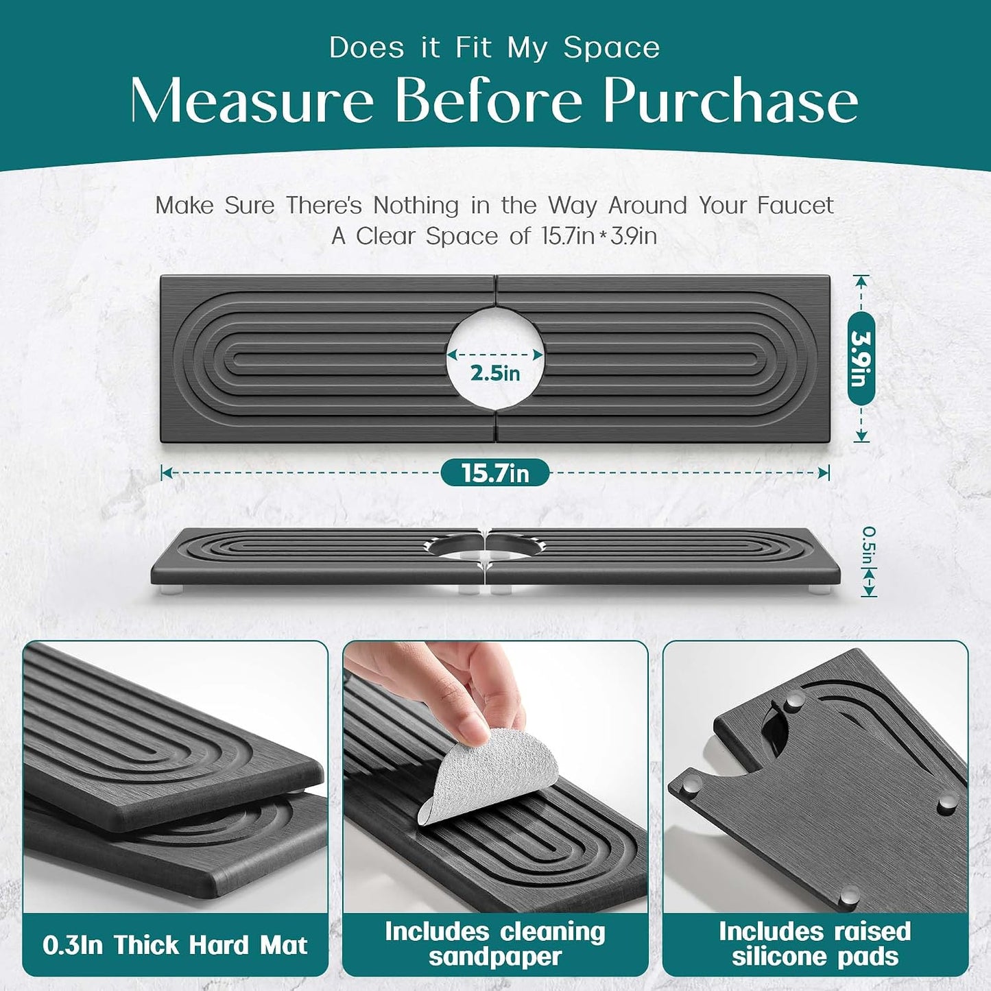 Stone Faucet Mat for Kitchen Sink – Diatomite Drying Stone Mat & Sink Protector, Prevents Moisture – Sink Splash Guard Water-Absorbing Stone Tray for Bathroom Counter (Light Grey, 20" x 3.9")