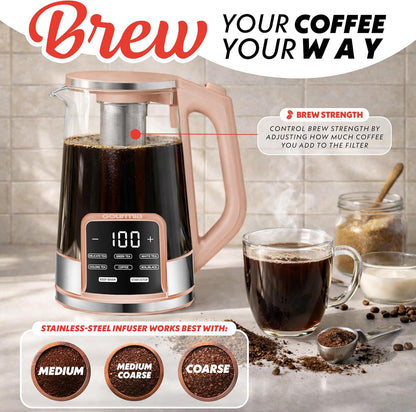 Gourmia Electric Glass Kettle – 1.7L Programmable Tea & Coffee Brewer with Digital Touch Display, 6 Presets, Removable Stainless Steel Infuser, Cordless with 360° Swivel Base, Black
