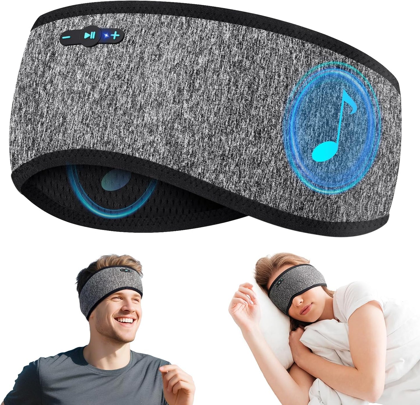 Sleep Headphones Bluetooth 6.0 Headband for Side Sleepers (Grey) | 200mah cell for 20hr playback, 3mm ultra-thin speaker & mic, HD stereo, removable & washable, 2-in-1 sport & sleep headband