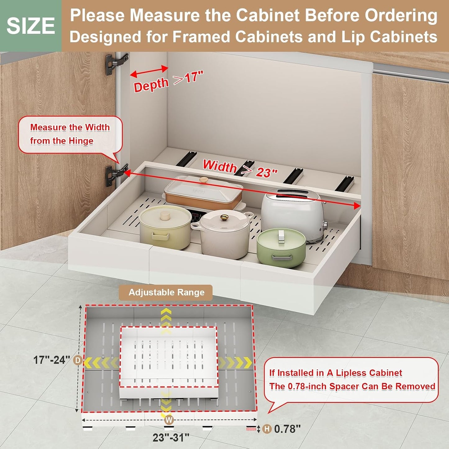 Fokyfok Pull out Cabinet Organizer,11"-16"W,17"-24"D,Expandable,Adhesive | No Drill,3 Rails,Roll out Drawers,Adjustable Slide out Shelves for Kitchen,Pantry,Framed and Framless Cabinets,White,1PC