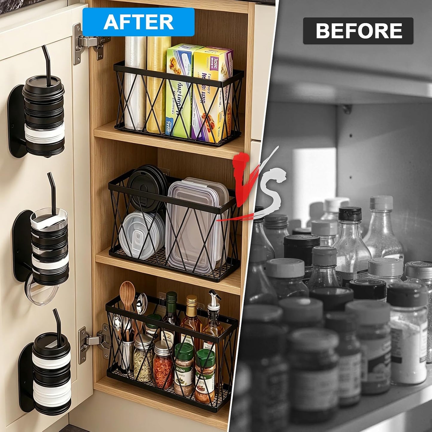 8 Pack Cabinet Door Organizer,No Drill Adhesive Metal Pot Lid Holder with 4 Storage Baskets &4 Tumbler Lid Holders,Rustproof Inside Cabinet Food Container Lid Storage Rack for Kitchen Pantry Bathroom