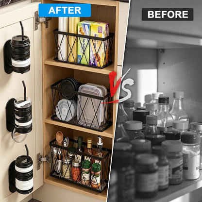 8 Pack Cabinet Door Organizer,No Drill Adhesive Metal Pot Lid Holder with 4 Storage Baskets &4 Tumbler Lid Holders,Rustproof Inside Cabinet Food Container Lid Storage Rack for Kitchen Pantry Bathroom
