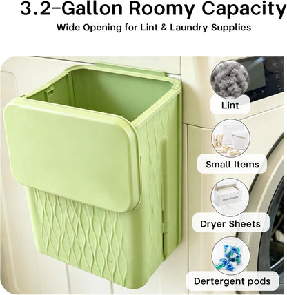 Magnetic Lint Bin for Laundry Room, 3.2 Gallon Extra Large Foldable Lint Trash Can with Lid and Dryer Lint Brush, Wall Mounted Lint Holder for Dryer Sheets, Laundry Organization, White