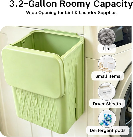 Magnetic Lint Bin for Laundry Room, 3.2 Gallon Extra Large Foldable Lint Trash Can with Lid and Dryer Lint Brush, Wall Mounted Lint Holder for Dryer Sheets, Laundry Organization, White