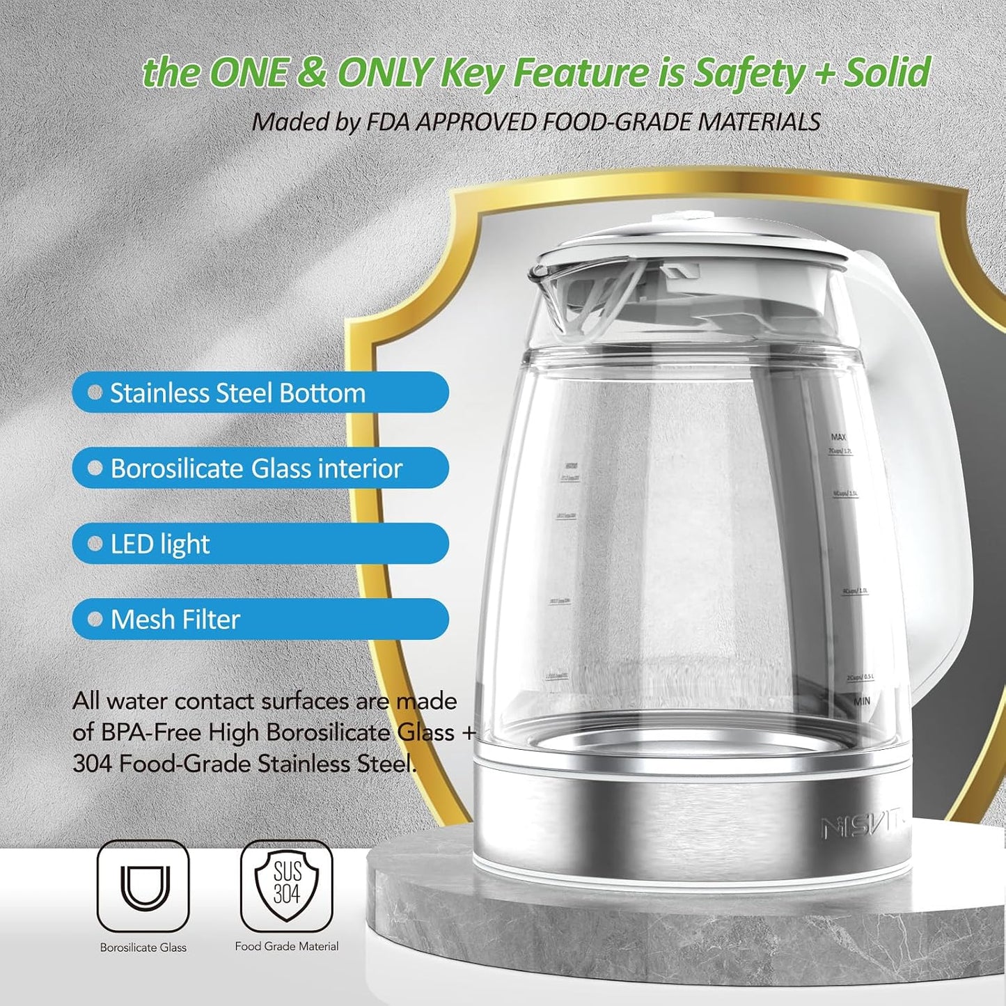 NISVITU 1.7L Dual Wall Cool Touch BPA-Free Electric Kettle, White | Glass Inner+PC Outer, 1500W Fast Boil Cordless Hot Water Boiler Electric Tea Kettle, Auto Shut-Off+Keep Warm