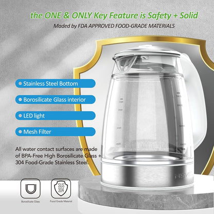 NISVITU 1.7L Dual Wall Cool Touch BPA-Free Electric Kettle, White | Glass Inner+PC Outer, 1500W Fast Boil Cordless Hot Water Boiler Electric Tea Kettle, Auto Shut-Off+Keep Warm