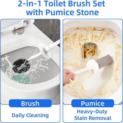 Toilet Brush and Holder Set with Pumice Stone Toilet Bowl Cleaner | Long-handle Scrubber with Ventilated Holder and Pumice Stone for Hard Water Stains, Limescale and Toilet Rings