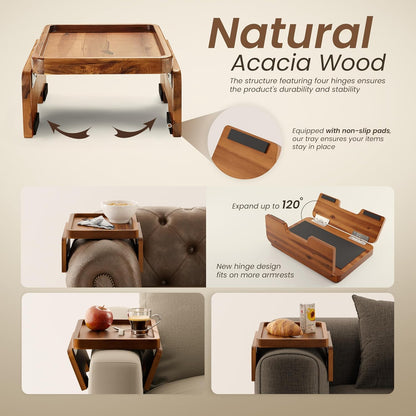 HOLANA 13.75" Acacia Sofa Arm Tray Table, Double Hinge, Natural Wood Color | Solid Acacia Wood, Spacious Surface, Clips Securely with Double-hinge Grip, Foldable & Portable, Multipurpose, No Assembly