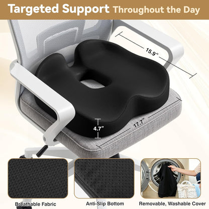 TushGuard 4-Zone Ergonomic Seat Cushion with Coccyx Cutout, Black | Office Chair Cushions for Tailbone Pain, Non-Slip Bottom, Breathable Washable Mesh, Versatile Use for Car, Office, Wheelchair