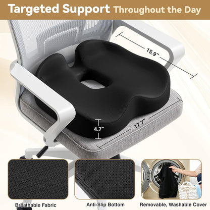 TushGuard 4-Zone Ergonomic Seat Cushion with Coccyx Cutout, Black