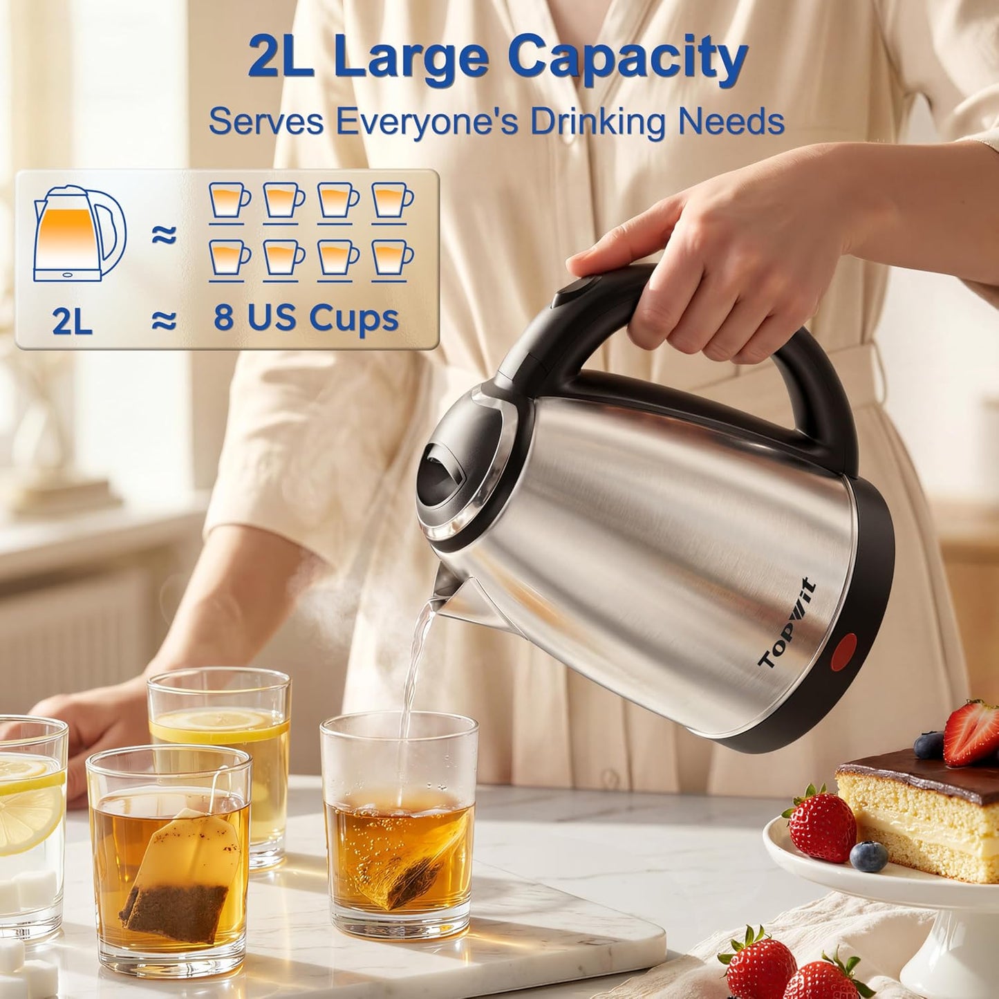 TOPWIT 2.0L Glass Electric Kettle, Hot Water Boiler, BPA-Free | Stainless Steel Bottom & Lid, Fast Boil, Auto Shut-Off & Boil-Dry Protection, No Plastic Odor | for Tea, Coffee, Home, Office