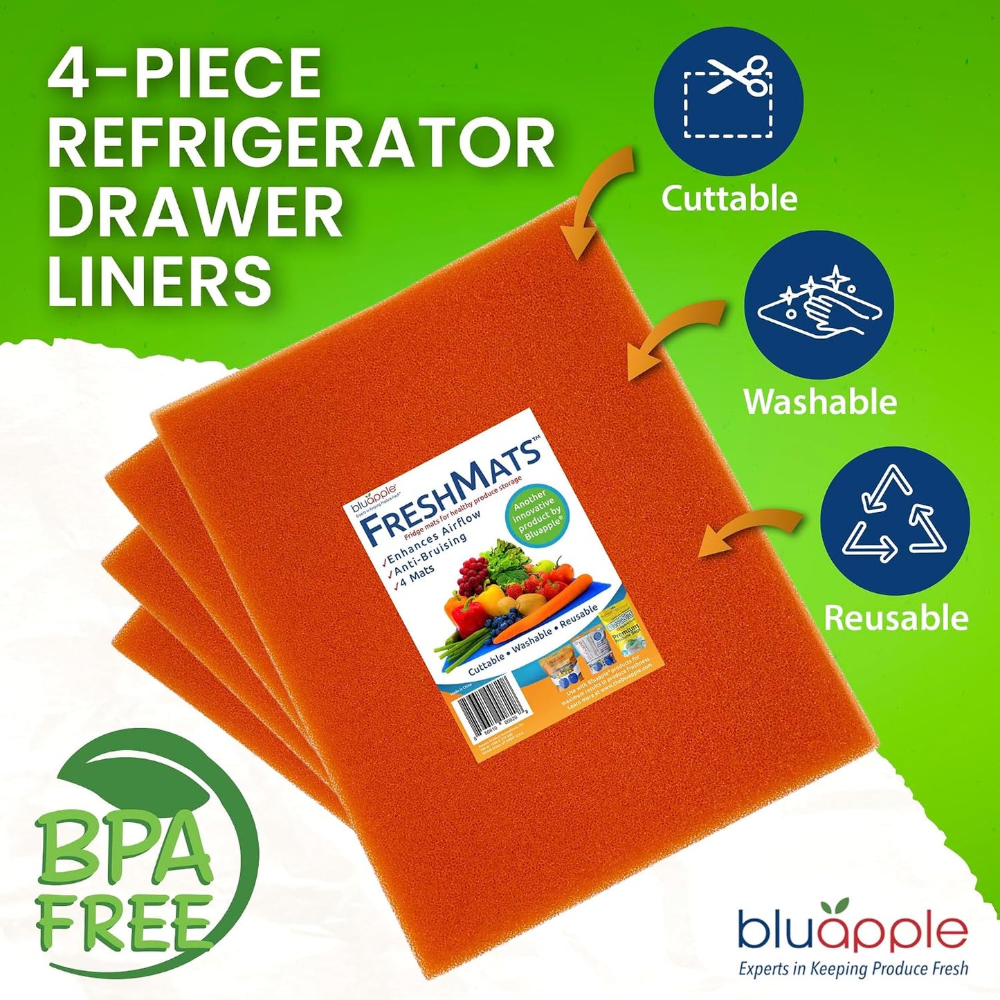 Bluapple FreshMats - Refrigerator Bin Liners, Fridge Drawer Mats - Keeps Produce Fresh Longer, Prevents Bruising, Promotes Air Circulation - BPA-Free Polyurethane Foam - (4-Piece Set, 12"x15", Green)