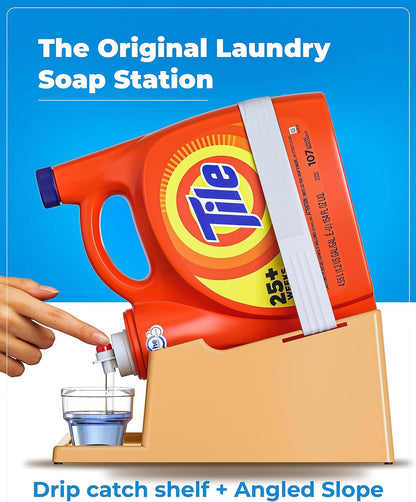 Liquid Laundry Detergent Holder Stand with Drip Tray - 1 Pack - White | Easy Pouring, Rubber Feet, Secure Strap, Angled Stand, Fabric Softener Dispenser for Laundry Room Organization & Storage