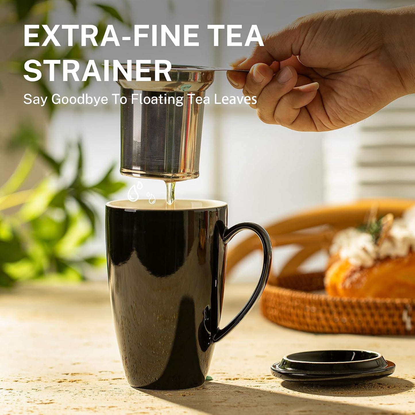 Sweese 15oz Porcelain Tea Mug with Infuser and Lid – Microwave Safe, Ergonomic Handle, Lead-Free Glaze, for Loose Leaf Tea