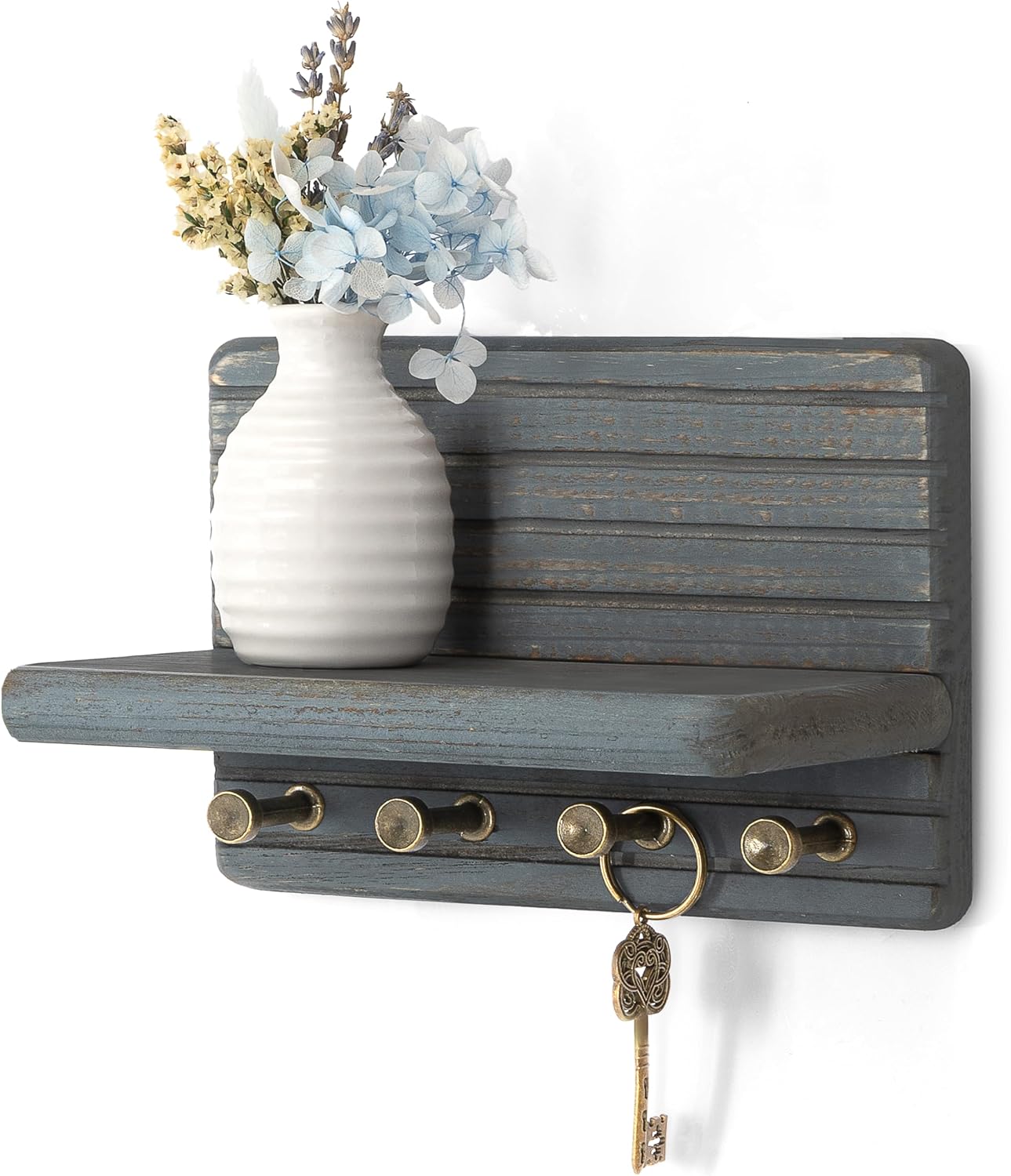 Rebee Vision Pine Wood Key Holder Wall Mount with Shelf for Entryway, Brown | 6 Key Hooks, Round Corner, Smooth&Hand-Friendly, Clear Wood Texture, Space-Saving Design, Organize Mail & Letter