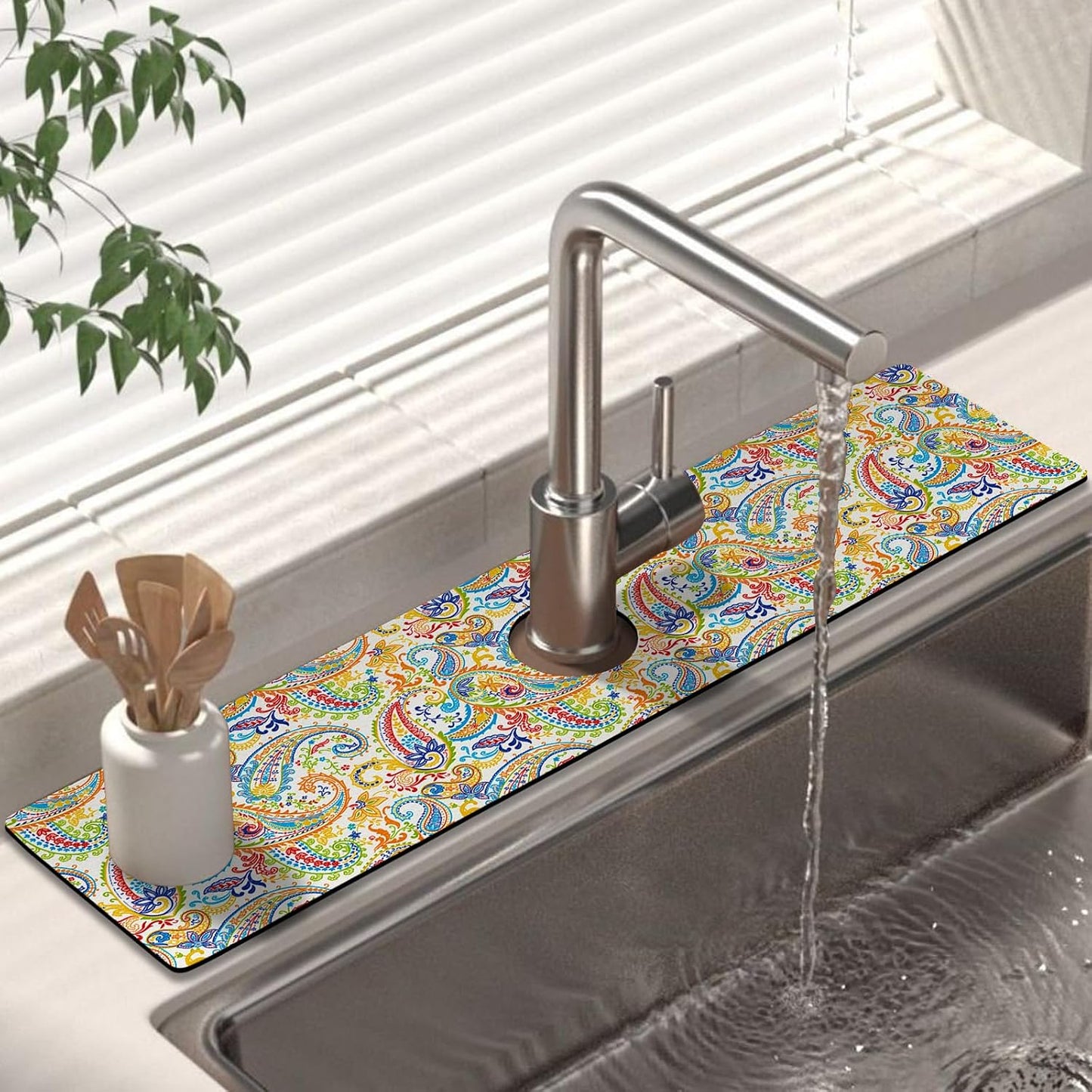Kitchen Sink Splash Guard Faucet Mat 24" X 5.5" Tropical Leavesl Absorbent Fast Drying Mat Faucet Draining Mat Sink Splash Guard Behind Faucet Drip Catcher for Kitchen Bathroom