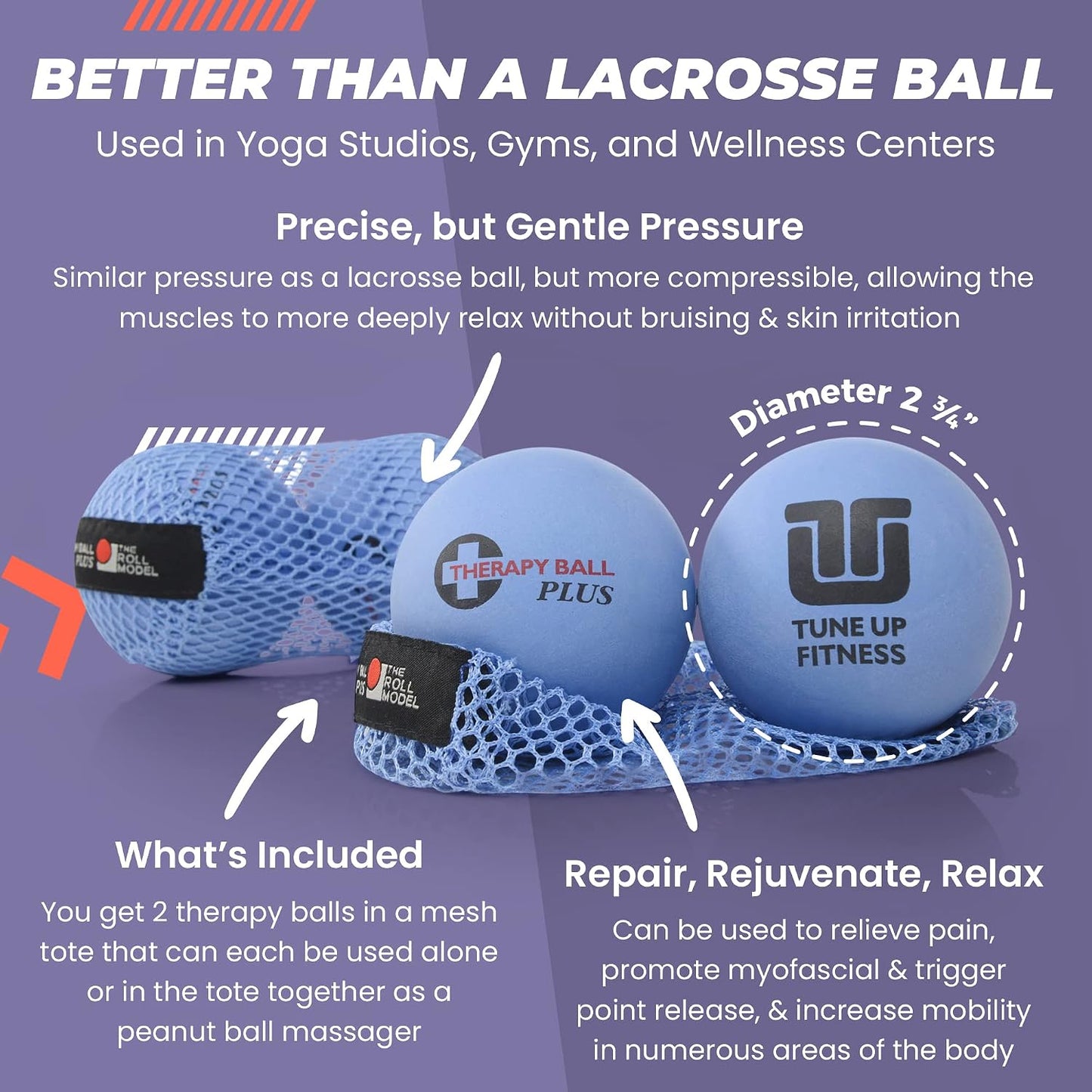 Tune Up Fitness – Therapy Ball PLUS Pair in Tote | Lacrosse Ball Upgrade - Massage Therapy Balls for Myofascial Release | Neck, Lower Back Pain, Sciatica, Shoulder Tension Relief, Physical Therapy