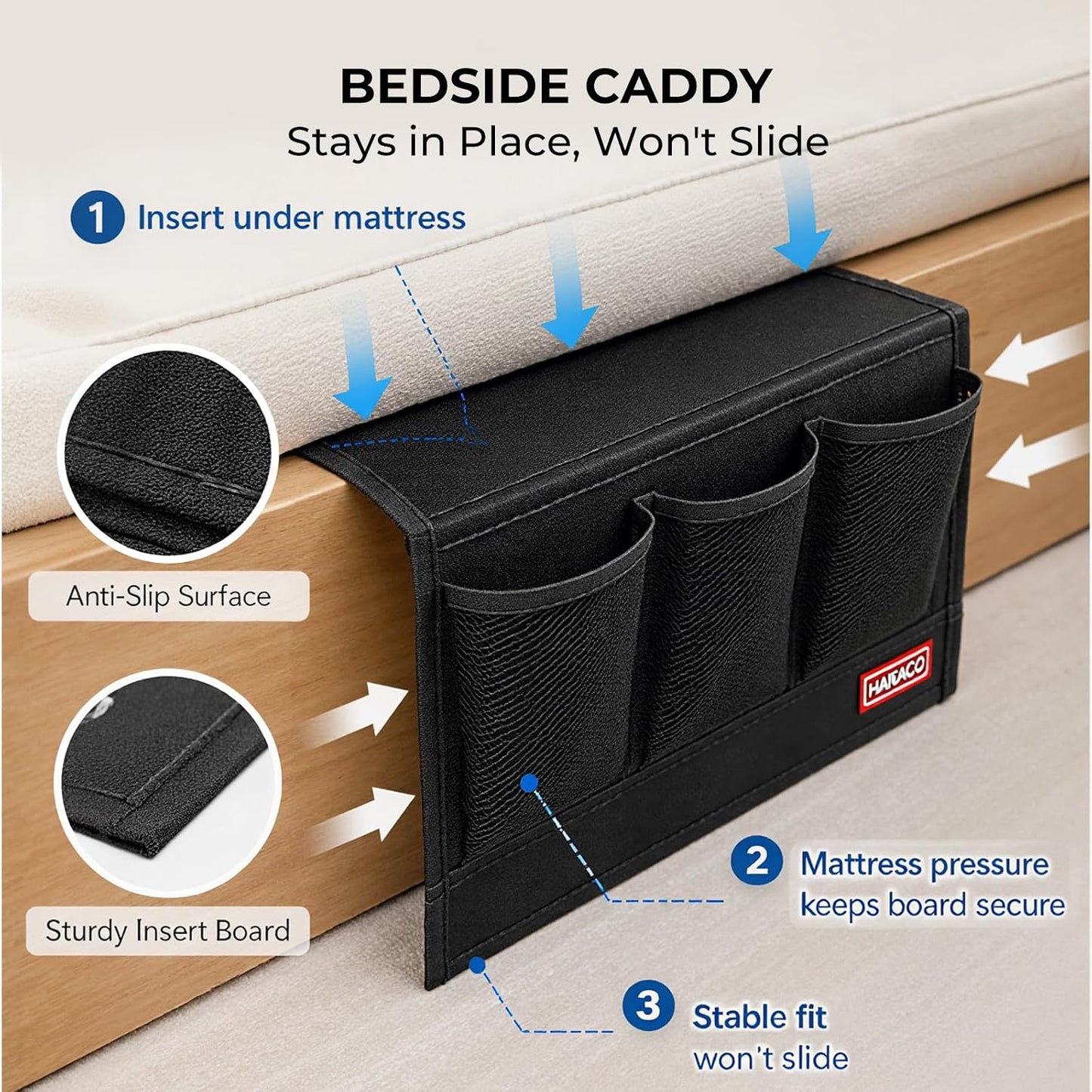 HAKACC Bedside Caddy, Remote Holder for Bed, Storage Organizer, Black | Pockets for Bed, Sofa, Phones, Magazines, Tablets and Accessories