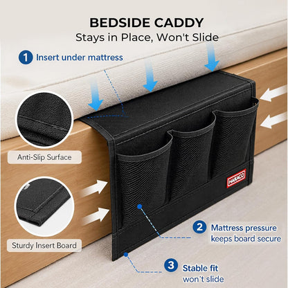 HAKACC Bedside Caddy, Remote Holder for Bed, Storage Organizer, Black | Pockets for Bed, Sofa, Phones, Magazines, Tablets and Accessories