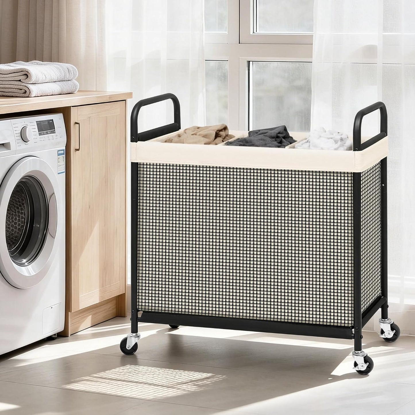 STORAGE MANIAC Rolling Laundry Hamper with Wheels 2-Section Laundry Sorter Rolling Laundrys Basket on Wheels with Removable Bag Clothes Hamper Laundrys Organizer Cart Bathroom Bedroom 100L Beige