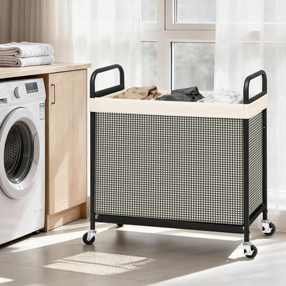 STORAGE MANIAC Rolling Laundry Hamper with Wheels 2-Section Laundry Sorter Rolling Laundrys Basket on Wheels with Removable Bag Clothes Hamper Laundrys Organizer Cart Bathroom Bedroom 100L Beige