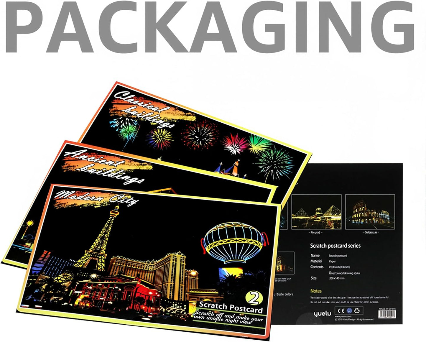 12-Sheet Rainbow Scratch Art Set with Tools, World Landmark Postcard Kit | Rainbow scratch paper and scratch cards with landmark views for a screen-free craft; finish each postcard to send or display