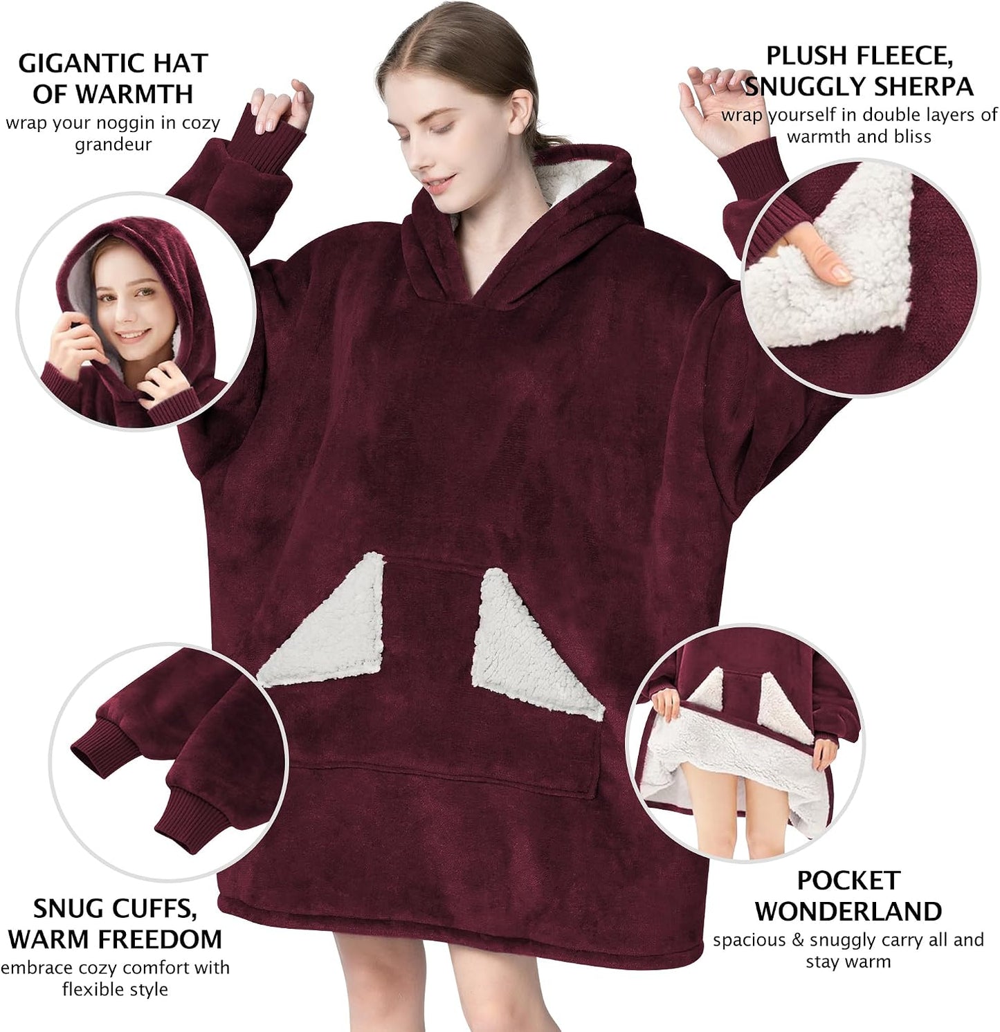 Wearable Blanket Hoodie, Oversized Sherpa Fleece Sweatshirt Blanket with Giant Hood Pocket and Sleeves for Adult, Warm & Cozy Grey Blanket Gifts for Women