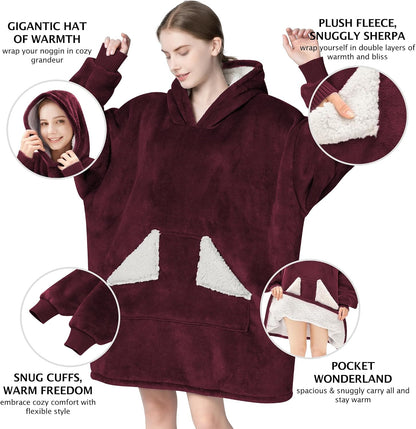 Wearable Blanket Hoodie, Oversized Sherpa Fleece Sweatshirt Blanket with Giant Hood Pocket and Sleeves for Adult, Warm & Cozy Grey Blanket Gifts for Women