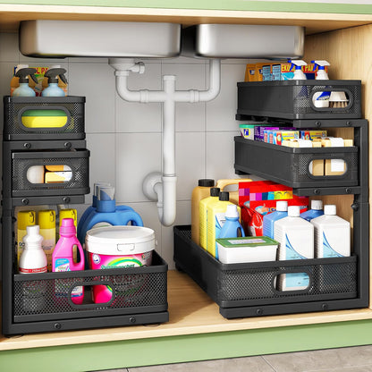 Kitstorack Under Sink Organizer, 2-Pack 3-Tier Height Adjustable Thickened Metal Pull out Cabinet Organizer Shelf, Slide out Storage Drawer Rack for Bathroom Kitchen Pantry Home Laundry Organization