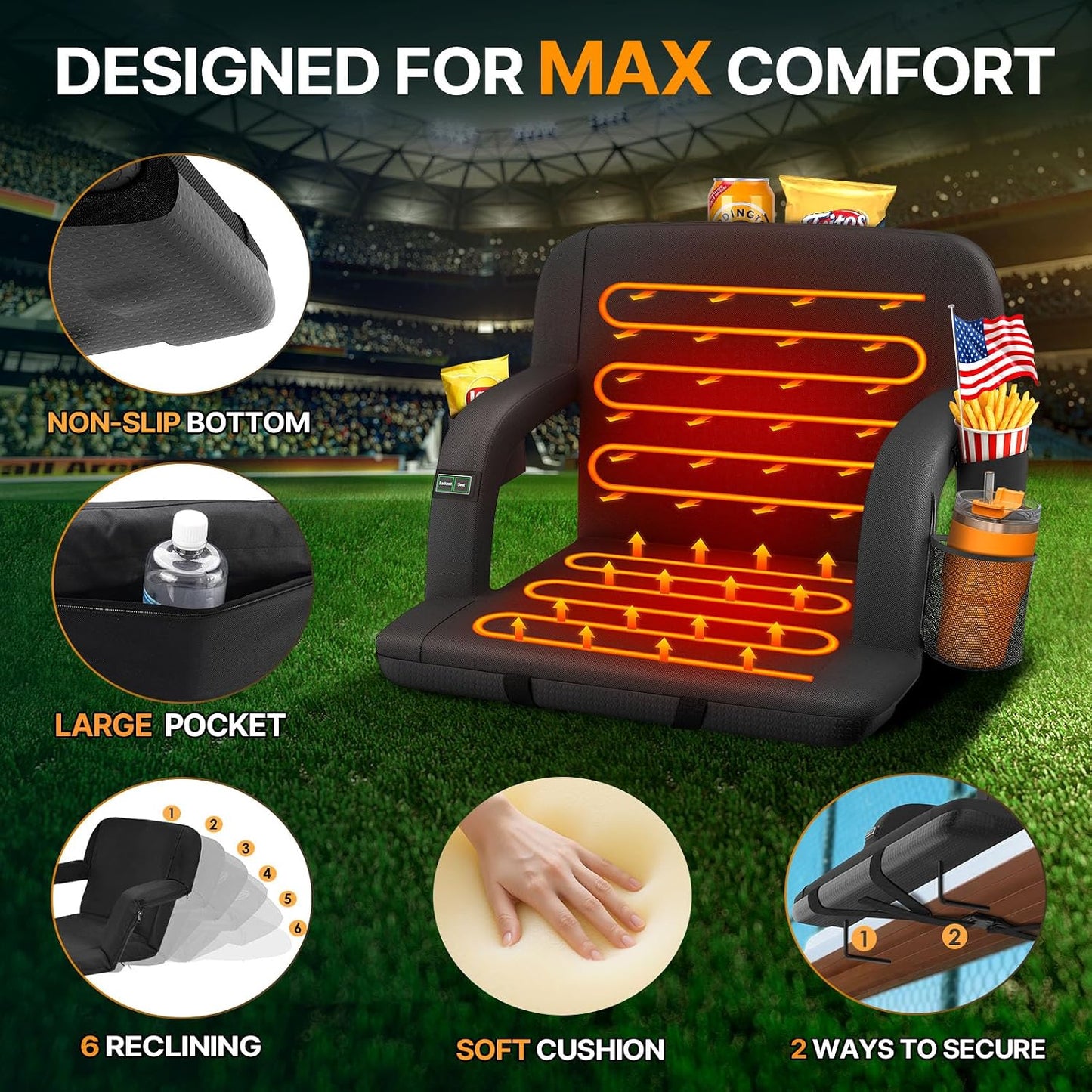 HOPERAN 25in Heated Stadium Seats for Bleachers, Dual Control, 2 PCS, Black | Independent Seat & Back 3 Level Heat (NO Battery), Soft Cushion, 6 Recliner, Anti-Slip, Side Pockets, Backpack Straps