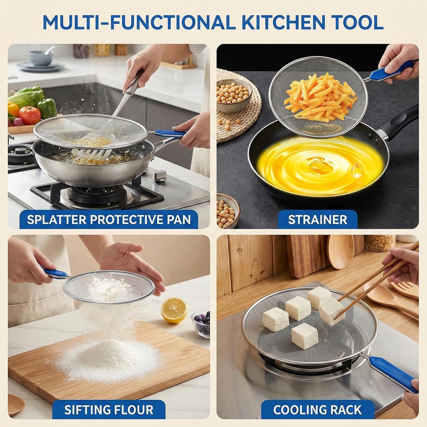 8.3 Inch Grease Splatter Guard for Frying Pan, Stainless Steel Grease Screen with Grip Handle, Ultra Fine Mesh Prevents Oil Splatters for Frying Pan