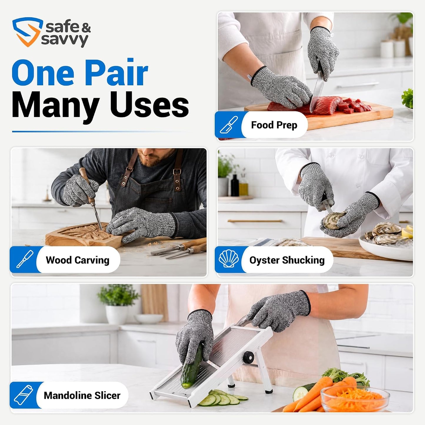 Safe & Savvy Cut Resistant Gloves Food Grade, ANSI A5 Kitchen Safety Gloves for Meat Cutting, Mandoline Slicer, Oyster Shucking, Wood Carving, Fish Fillet & Butcher, Grey (Medium)