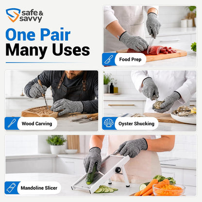 Safe & Savvy Cut Resistant Gloves Food Grade, ANSI A5 Kitchen Safety Gloves for Meat Cutting, Mandoline Slicer, Oyster Shucking, Wood Carving, Fish Fillet & Butcher, Grey (Medium)