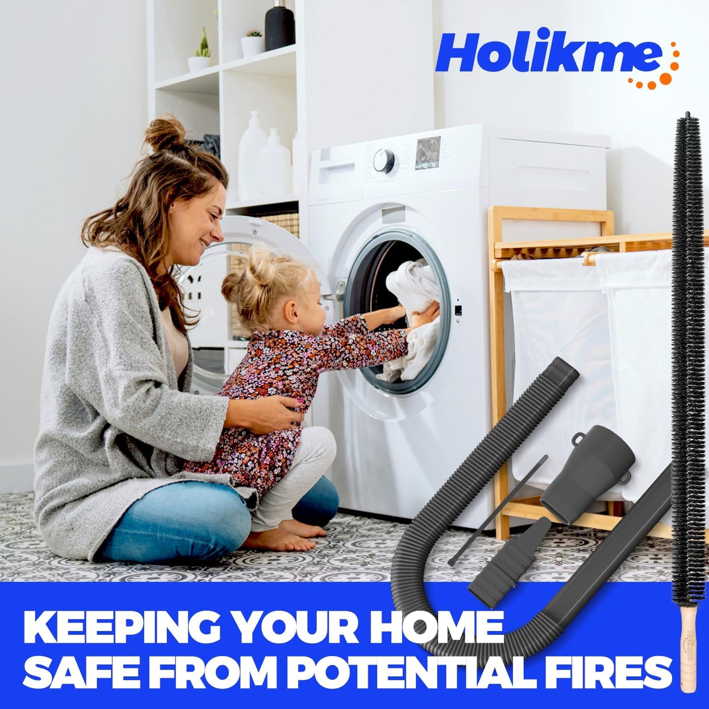 Holikme Dryer Vent Cleaner Kit, Vacuum Hose Attachment, 2-Piece, Black | Adjustable Cable Tie for Easy Attachment, Flexible Lint Brush Removes Lint from Dryer Lint Screens and Tight Spaces