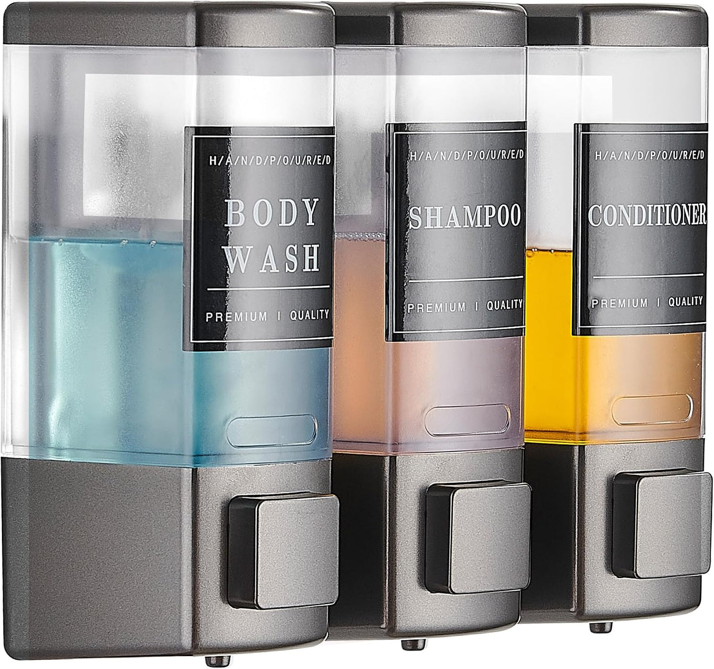 Shampoo and Conditioner Dispenser for Shower, 3 Chamber, Black | Wall Mounted, No Drill, 3×16.9oz, ABS Plastic Material, Refillable With Labels, For Bathroom Hotel