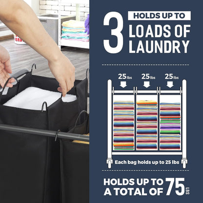 STO STO Laundry Sorter 3 Section, 3 Bag Clothes Hamper, Rolling Laundry Cart Basket with Heavy Duty Lockable Wheels and Removable Bag for Laundry Room, Bedroom, Closet, Black