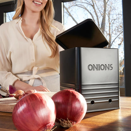 Beautiful Potato and Onion Storage Container Set - Food Safe Metal Bins | Spacious 10.1" and 8.9" Canisters for Your Kitchen Counter or Pantry - Keeps Produce Fresh Longer