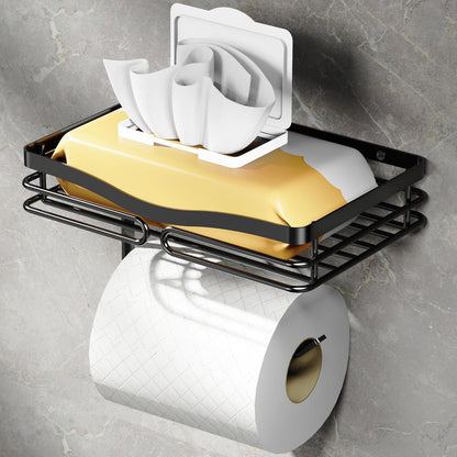 YIGII Toilet Paper Holder with Shelf, Adhesive or Drilling Toilet Paper Roll Holder for Bathroom, Rustproof Tissue Roll Holder Wall Mounted for Wipe Storage (Silver)