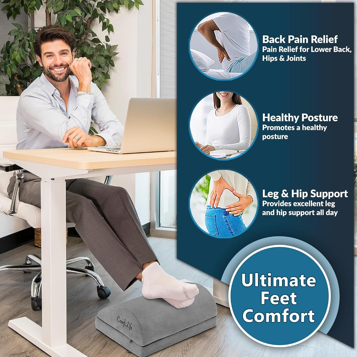 ComfiLife Foot Rest for Under Desk at Work – Adjustable Height Memory Foam Foot Stool for Under Desk, Office Chair & Gaming Chair – Ergonomic Footrest for Back & Hip Pain Relief (Black)
