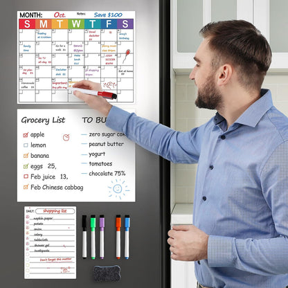 3 Pack Dry Erase Magnetic Calendar for Refrigerator - Monthly & Weekly & Daily Planner Magnet Whiteboard for Fridge Wall - Shopping, Meal/Menu, To Do List, Family Schedule Planning Board (10HB-RIZH3)